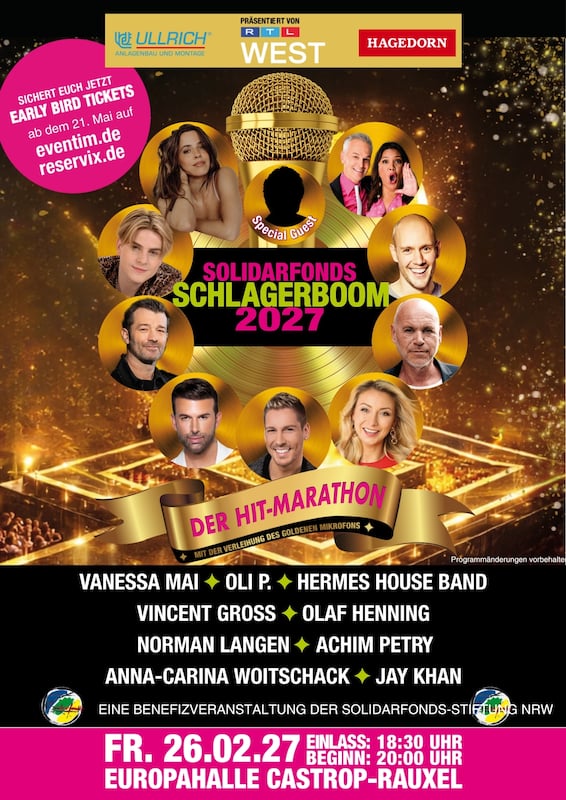 Solidarfonds-SCHLAGERBOOM 2027 - Vanessa Mai • Oli P. • Hermes House Band & Jay Khan u.a.